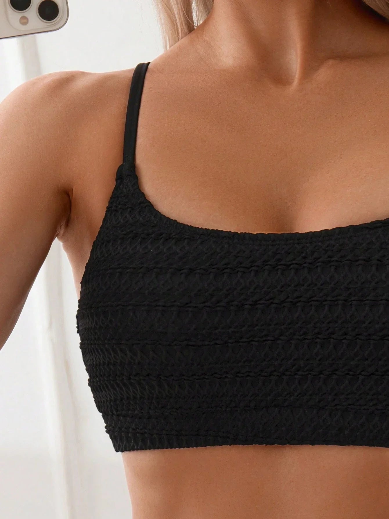 Textured Solid Bikini Set in Black for Women Summer Beach