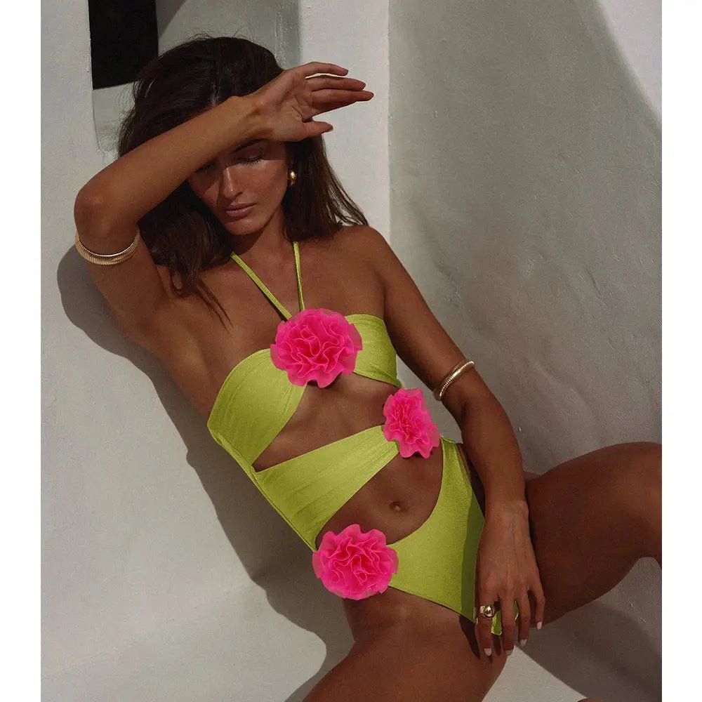 Rose Print One-Piece Swimsuit for Women Summer Beach Wear