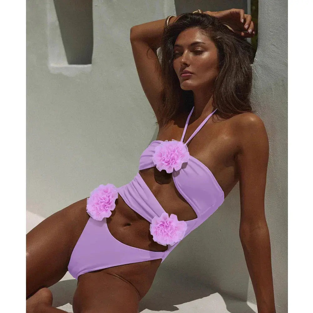 Rose Print One-Piece Swimsuit for Women Summer Beach Wear