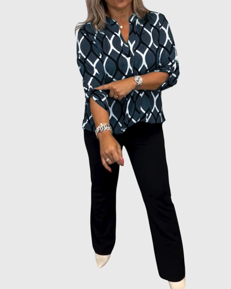 Blue Crinkle Cotton V-Neck Button-Front Blouse for Women