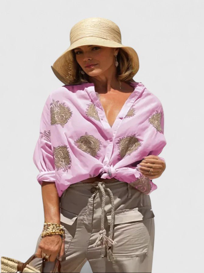 Sage Green Botanical Print Button-Down Blouse for Women
