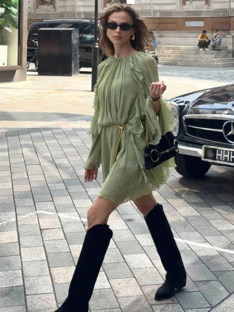 Chiffon Pleated Mini Dress in Olive for Women Summer Outings