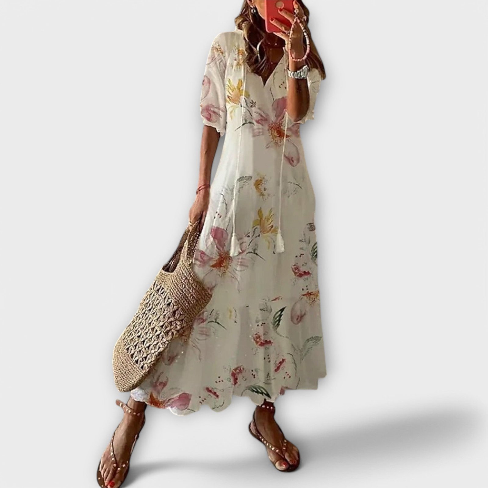Sky Blue Ikat Damask V-Neck Tiered Maxi Dress