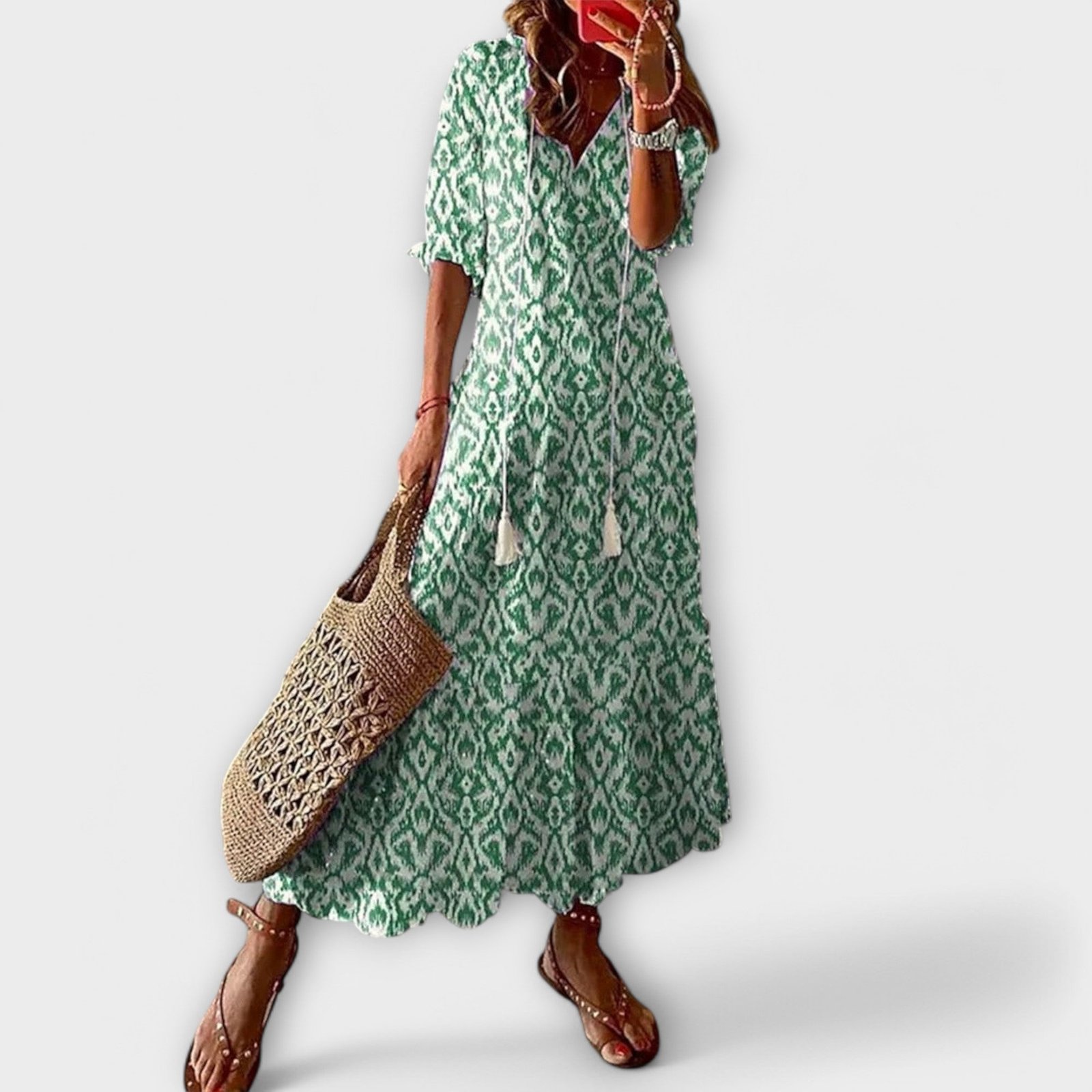 Sky Blue Ikat Damask V-Neck Tiered Maxi Dress