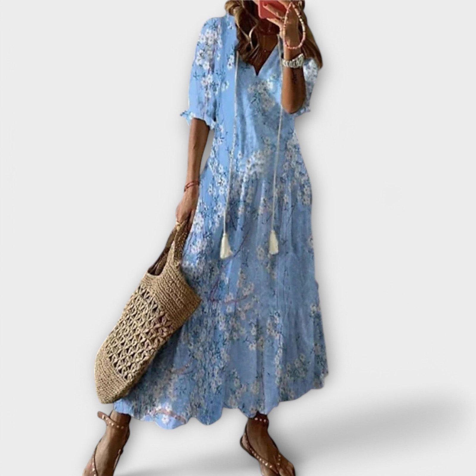 Sky Blue Ikat Damask V-Neck Tiered Maxi Dress