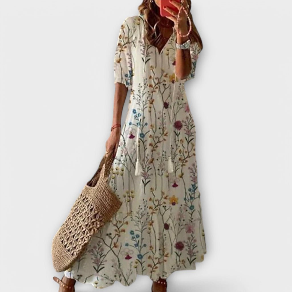 Sky Blue Ikat Damask V-Neck Tiered Maxi Dress