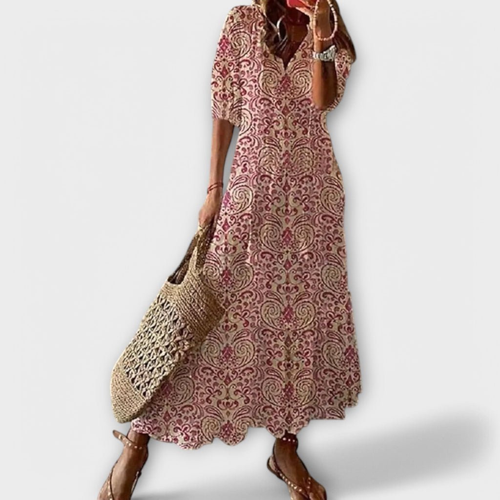 Sky Blue Ikat Damask V-Neck Tiered Maxi Dress