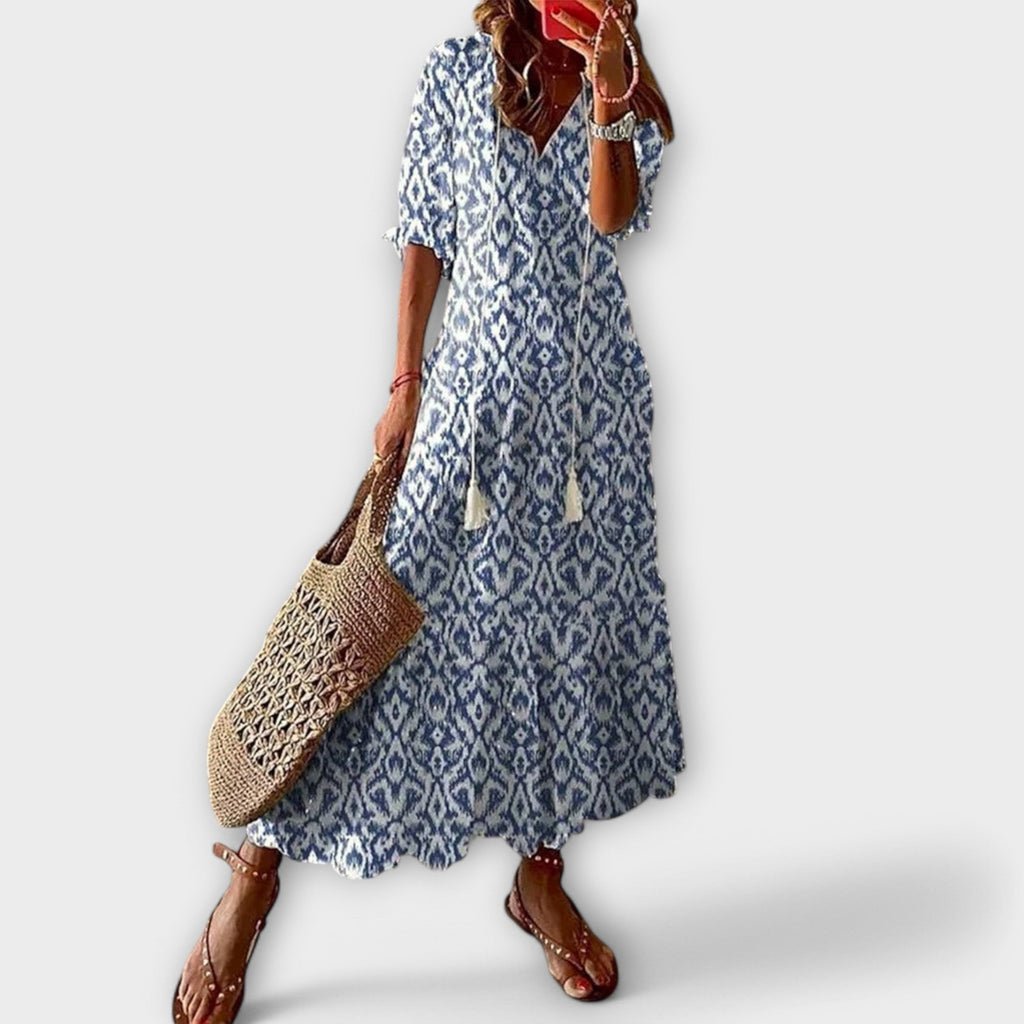 Sky Blue Ikat Damask V-Neck Tiered Maxi Dress